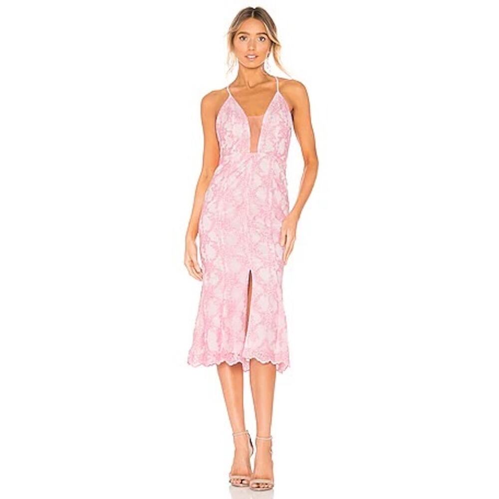 REVOLVE Pink Lace Midi Dress with Plunge Neck